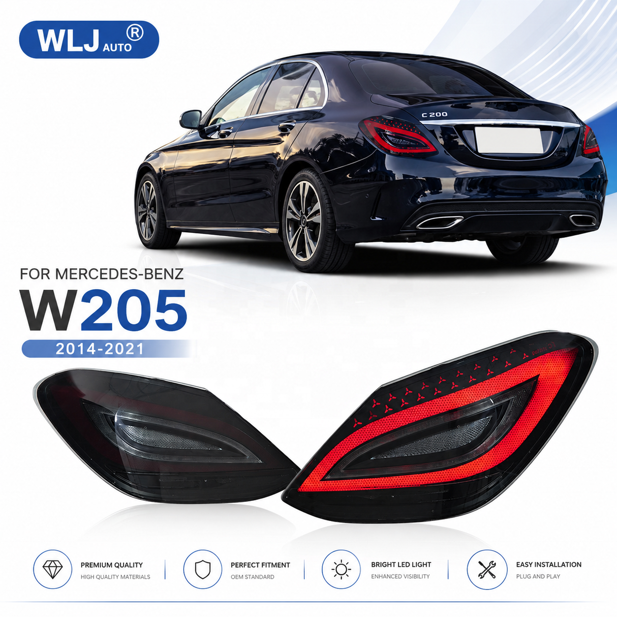 H00486ea1ff2142a1973d47ed541f3fe4d W205 taillight assembly upgrade for 2014-2021 Mercedes-Benz C-Class, featuring "Devil Eye" taillights - Black. - Image 1