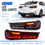 Plug and play compatible with BMW 3 Series G20 G28 2020-2025 models, featuring RGB taillights, floating LED sequential turn signals, and dynamic start-up animation (red, green, blue).
