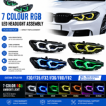 Brand new 12V 55W upgraded RGB headlights for F30 and F35 (2012-2018), 7-color daytime running lights, sequential turn signals, plug and play - red, green, blue. - Image 7