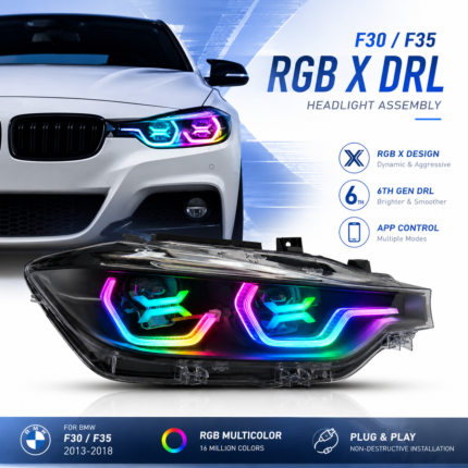 Headlight assembly for BMW 3 Series F30 F35 2013-2015 models, RGB 7-color X-style, blue sequential lighting during DRL start-up, plug and play - 7-color