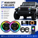 Upgraded RGB headlight and fog light kit for Jeep Wrangler JK 2007-2018. APP-controlled ring lights DRL plug and play - red, green, blue. - Image 7