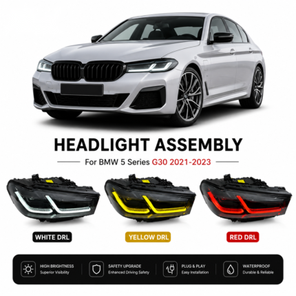 LED projection headlight assembly with fang-shaped daytime running lights and sequential turn signals, suitable for BMW 5 Series G30 2021-2023 - Natural White