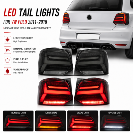 DBH upgraded LED headlights for Polo 2019-2022, sequential turn signals, dual LED projector, 100W, 10000lm, 6000K, plug and play.
