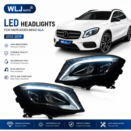 High-spec LED headlight assembly for 2015-2019 Mercedes-Benz GLA, upgraded with DRLs, turn signals, and projection lenses. - Original halogen headlights