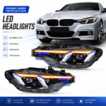 Upgrade to RGB 7-color DRL sequential turn signals with Bi-LED projector (red, green, blue) for BMW 3 Series E90 headlight assemblies (2005-2012 models).