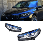 Custom-designed headlamp compatible with F30, F35, F32, F36, F80, F82, M3, and M4 series plug-and-play lenses, featuring a 7-color RGB chameleon effect.