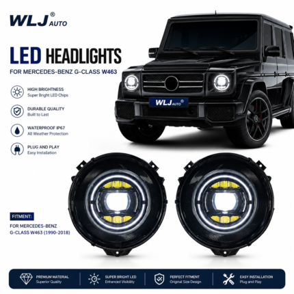 New blacked-out geometric headlights suitable for older Mercedes-Benz G-Class (W463) models, including G500, G63, G350, G400, and G55 - 2007-2017
