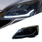 2012-2014 Crosstour 12V headlight assembly retrofit with LED daytime running lights and turn signals, dual-lens OLIVER 55W - white, LED projector headlights with devil eye effect, single-sided.