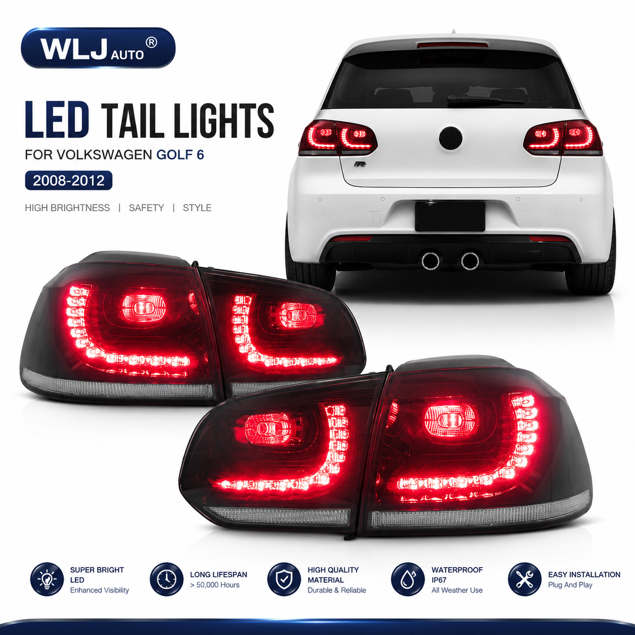 H98abedba04984147ba5cba3244e50b7bX Upgrade for headlight assemblies on 2014-2017 Volkswagen Golf 7/7.5 models: Red/white dual-color LED daytime running lights - Cool white, original xenon headlights. - Image 1
