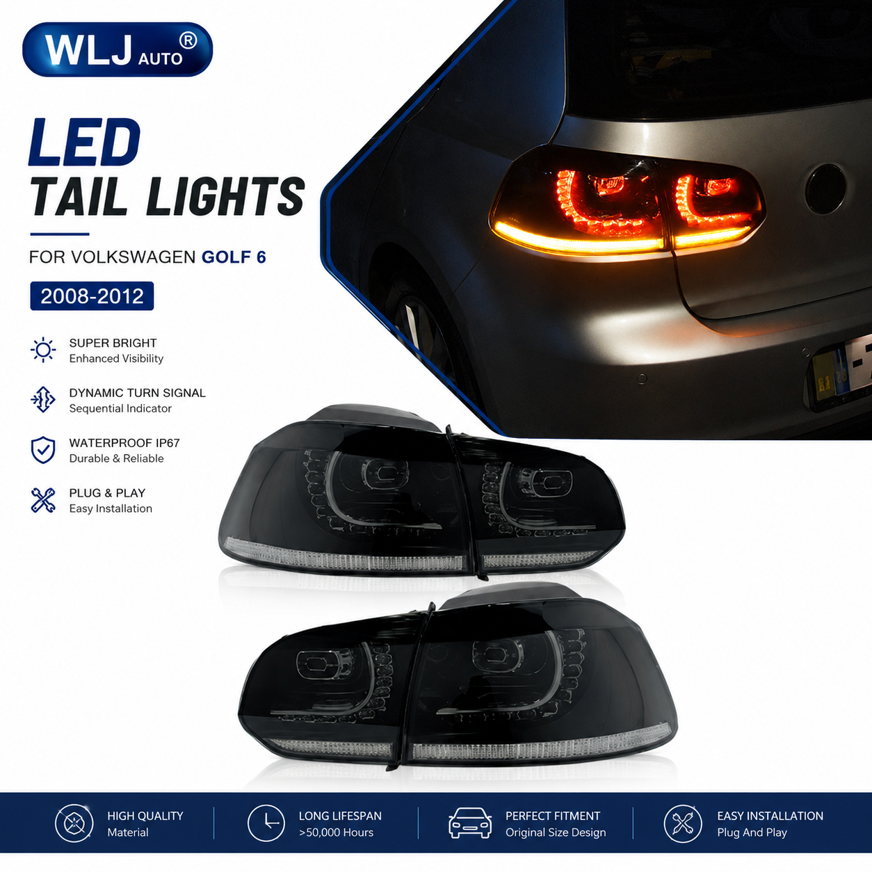 H9bc37eb342544069bd1ea2e535877c80W Upgrade for headlight assemblies on 2014-2017 Volkswagen Golf 7/7.5 models: Red/white dual-color LED daytime running lights. - Red, original xenon headlights. - Image 1