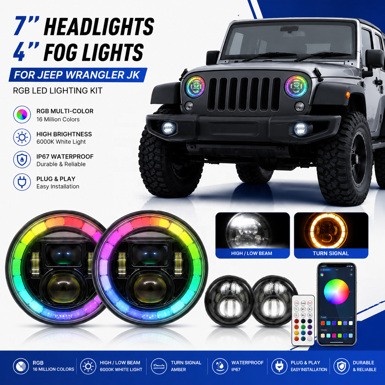 He2bc6105bae64009971f5f28b3cccad2A Upgraded RGB headlight and fog light kit for Jeep Wrangler JK 2007-2018. APP-controlled ring lights DRL plug and play - red, green, blue. - Image 1