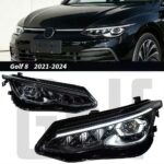 Suitable for 2021-2024 Golf 8 models, modified to 8.5, equipped with upgraded LED projector headlights and MK8 Streamlight high-brightness turn signals - compatible with original vehicle configuration.