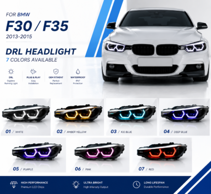 RGB LED headlights for BMW F30/F35 2013-2015, 7-color X Fantasy DRL blue lighting effect upon startup, uses original driver, plug and play - 7-color